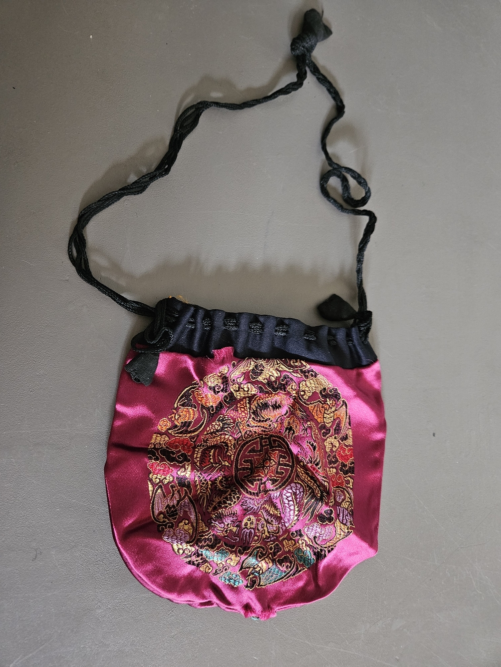 Silk Embroidered Drawstring Pouch - Magenta
